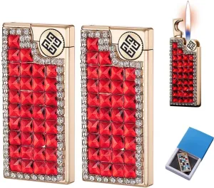 Rhinestone Shiny Women's Luxury Cute Lighter, Soft Flame Torch Lighter, Refillable Butane Gas Portable Smoking Accessories with Gift Box(2pc-d)