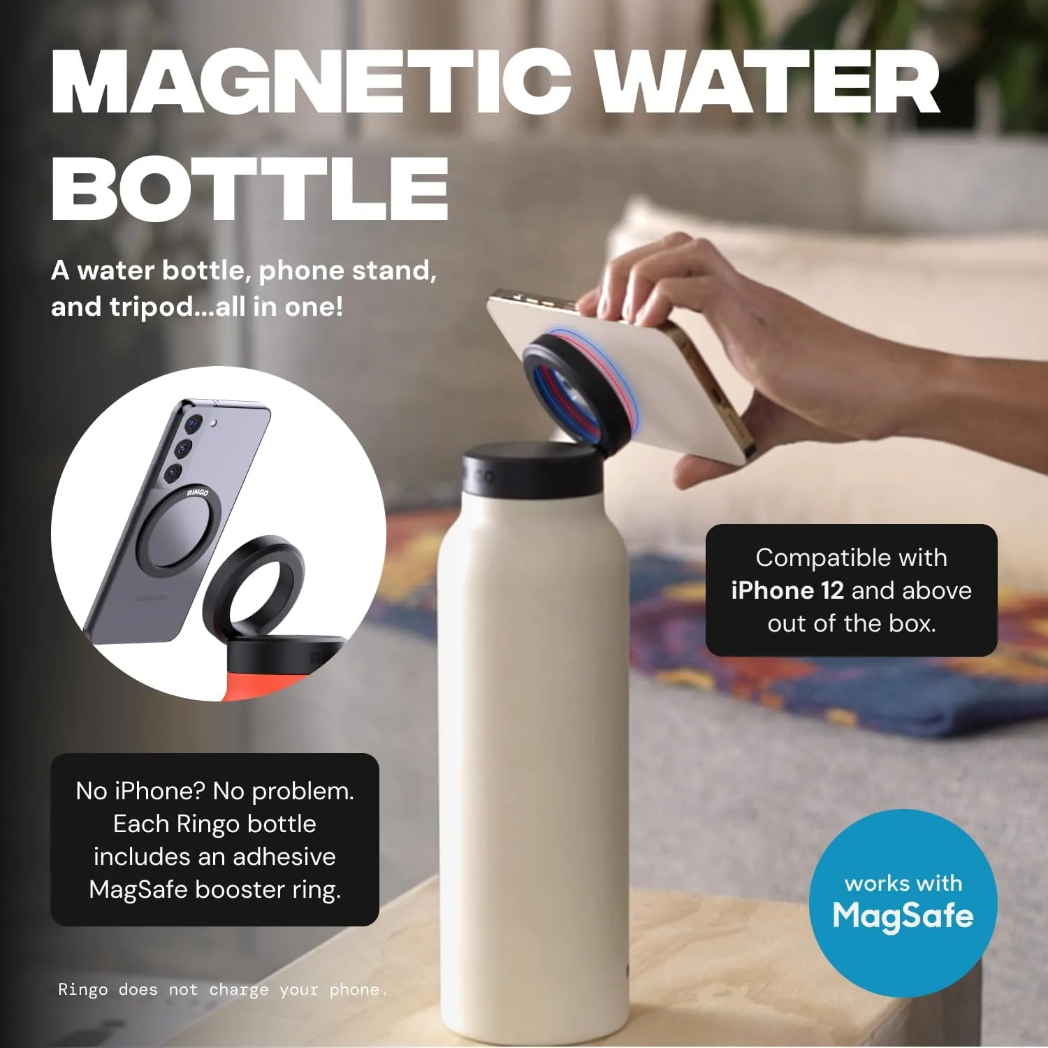Ringo Insulated Water Bottle | Compatible MagSafe Water Bottle With Phone Holder | Stainless Steel Water Bottle With Magnetic Phone Tripod Mount | Hot 12H, Cold 24H, 360° Rotate - Stainless Steel 32oz