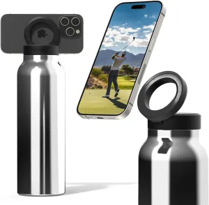 Ringo Insulated Water Bottle | Compatible MagSafe Water Bottle With Phone Holder | Stainless Steel Water Bottle With Magnetic Phone Tripod Mount | Hot 12H, Cold 24H, 360° Rotate - Stainless Steel 32oz