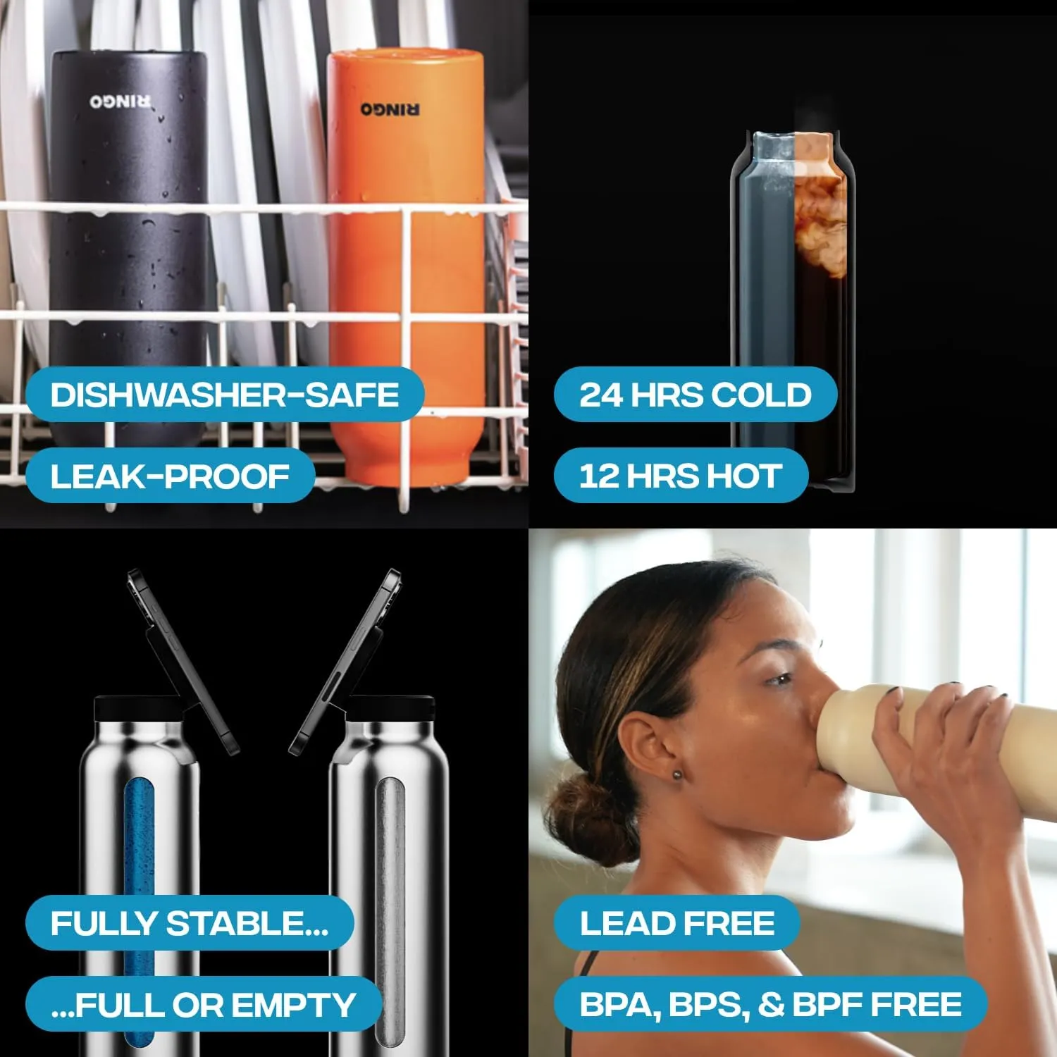 Ringo Insulated Water Bottle | Compatible MagSafe Water Bottle With Phone Holder | Stainless Steel Water Bottle With Magnetic Phone Tripod Mount | Hot 12H, Cold 24H, 360° Rotate - Stainless Steel 32oz