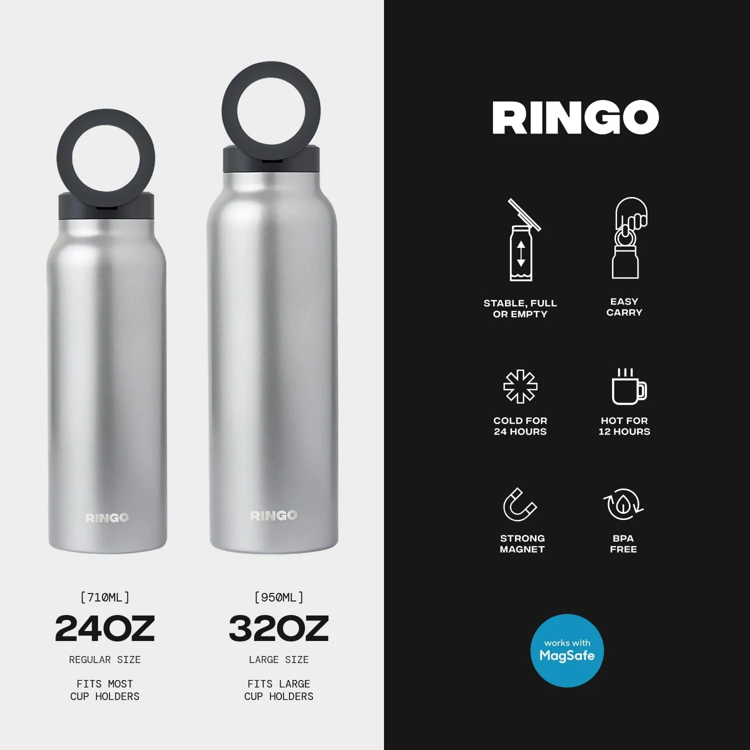 Ringo Insulated Water Bottle | Compatible MagSafe Water Bottle With Phone Holder | Stainless Steel Water Bottle With Magnetic Phone Tripod Mount | Hot 12H, Cold 24H, 360° Rotate - Stainless Steel 32oz