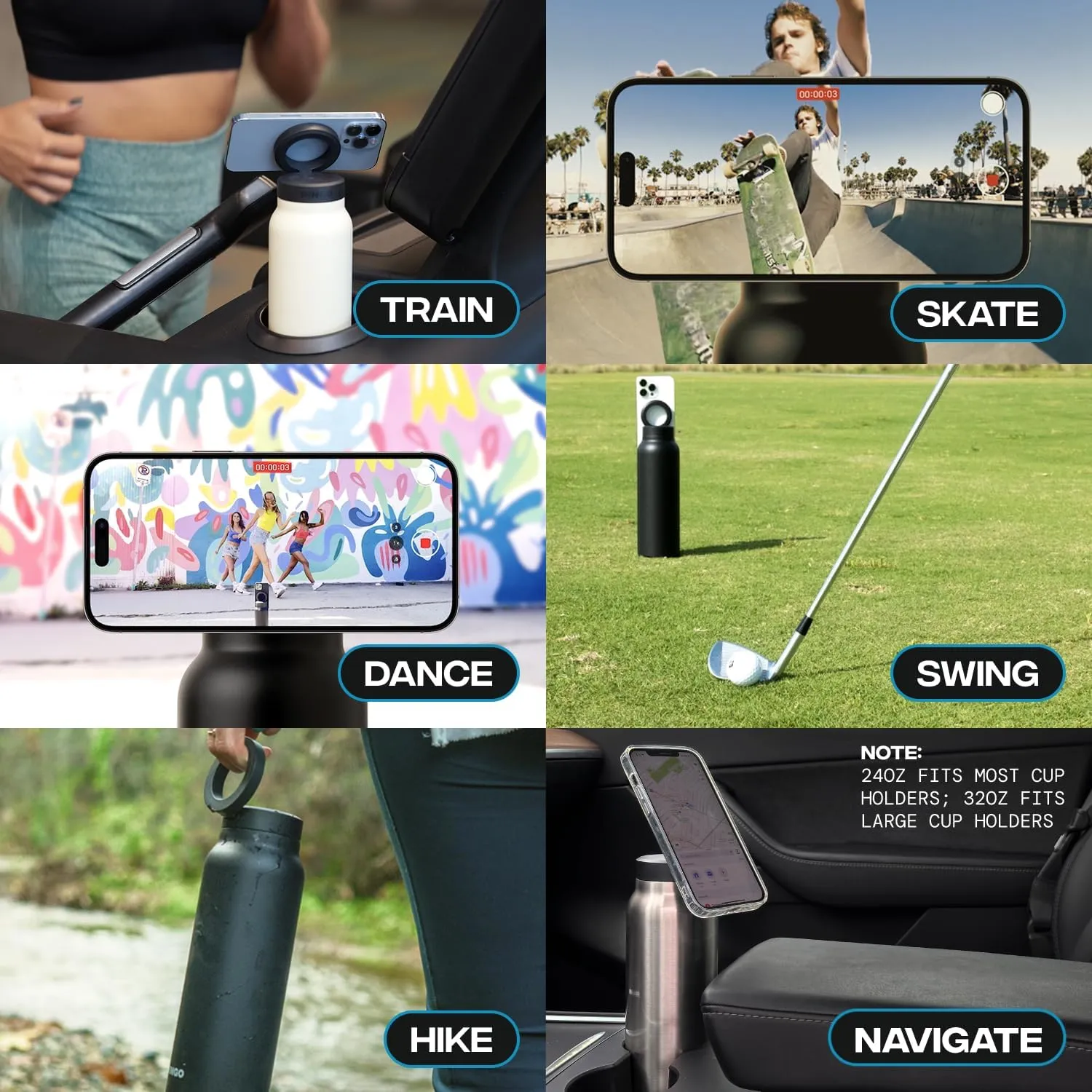 Ringo Insulated Water Bottle | Compatible MagSafe Water Bottle With Phone Holder | Stainless Steel Water Bottle With Magnetic Phone Tripod Mount | Hot 12H, Cold 24H, 360° Rotate - Stainless Steel 32oz