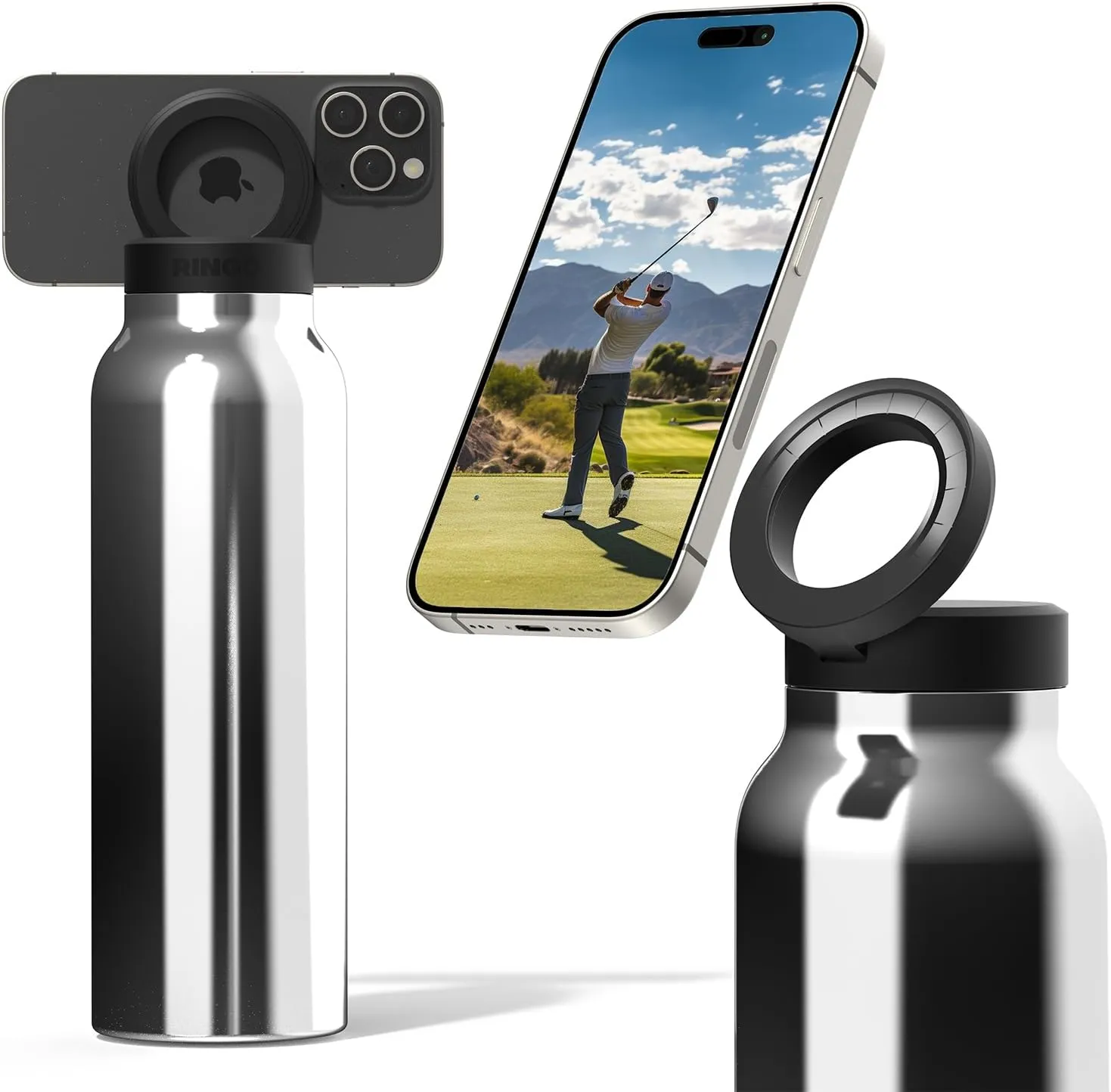 Ringo Insulated Water Bottle | Compatible MagSafe Water Bottle With Phone Holder | Stainless Steel Water Bottle With Magnetic Phone Tripod Mount | Hot 12H, Cold 24H, 360° Rotate - Stainless Steel 32oz