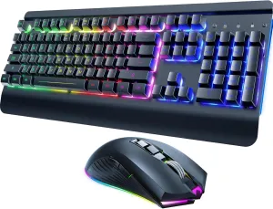 RisoPhy Wireless Gaming Keyboard and Mouse Combo, Metal Panel, 7 Color Backlits, Rechargeable 3200 mAh Battery, Wrist Rest, Sleep Mode, Light Up Keyboard   7D 3200DPI Gaming Mice for PC Gamer