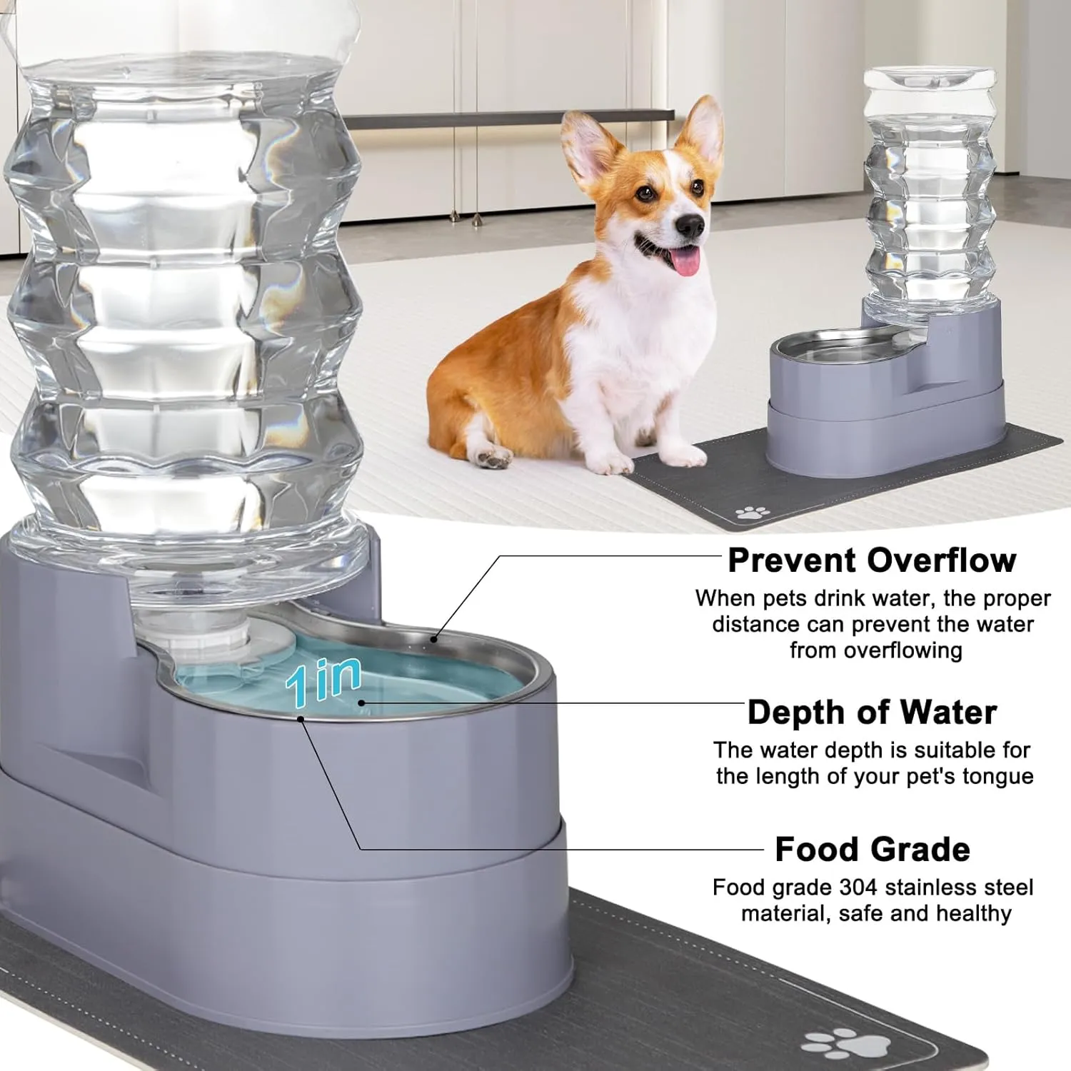 RIZZARI 8L Raised Automatic Pet Waterer, Gravity fed Stainless Steel Waterer, 100% BPA Free, Large Capacity Feeder for Cats and Medium to Large Dogs (Gray,8L)