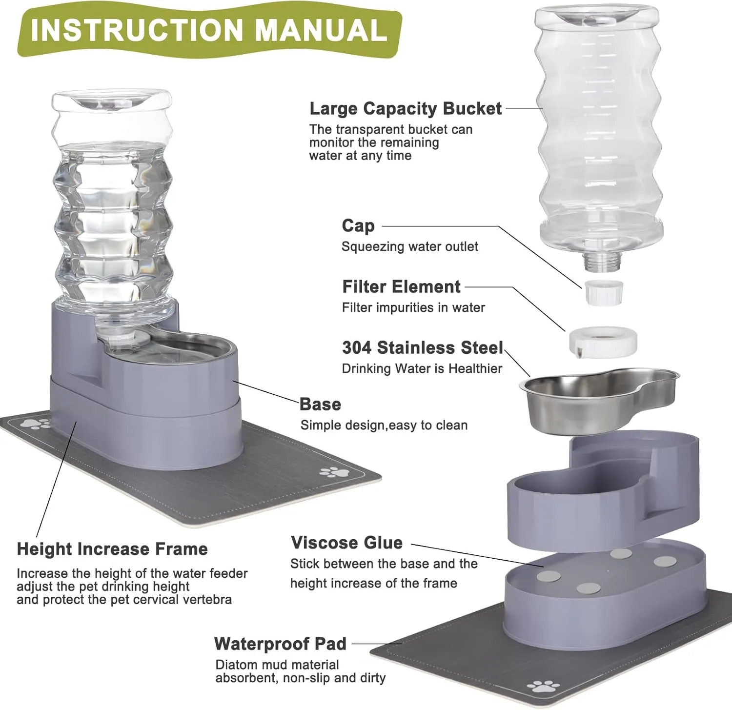 RIZZARI 8L Raised Automatic Pet Waterer, Gravity fed Stainless Steel Waterer, 100% BPA Free, Large Capacity Feeder for Cats and Medium to Large Dogs (Gray,8L)