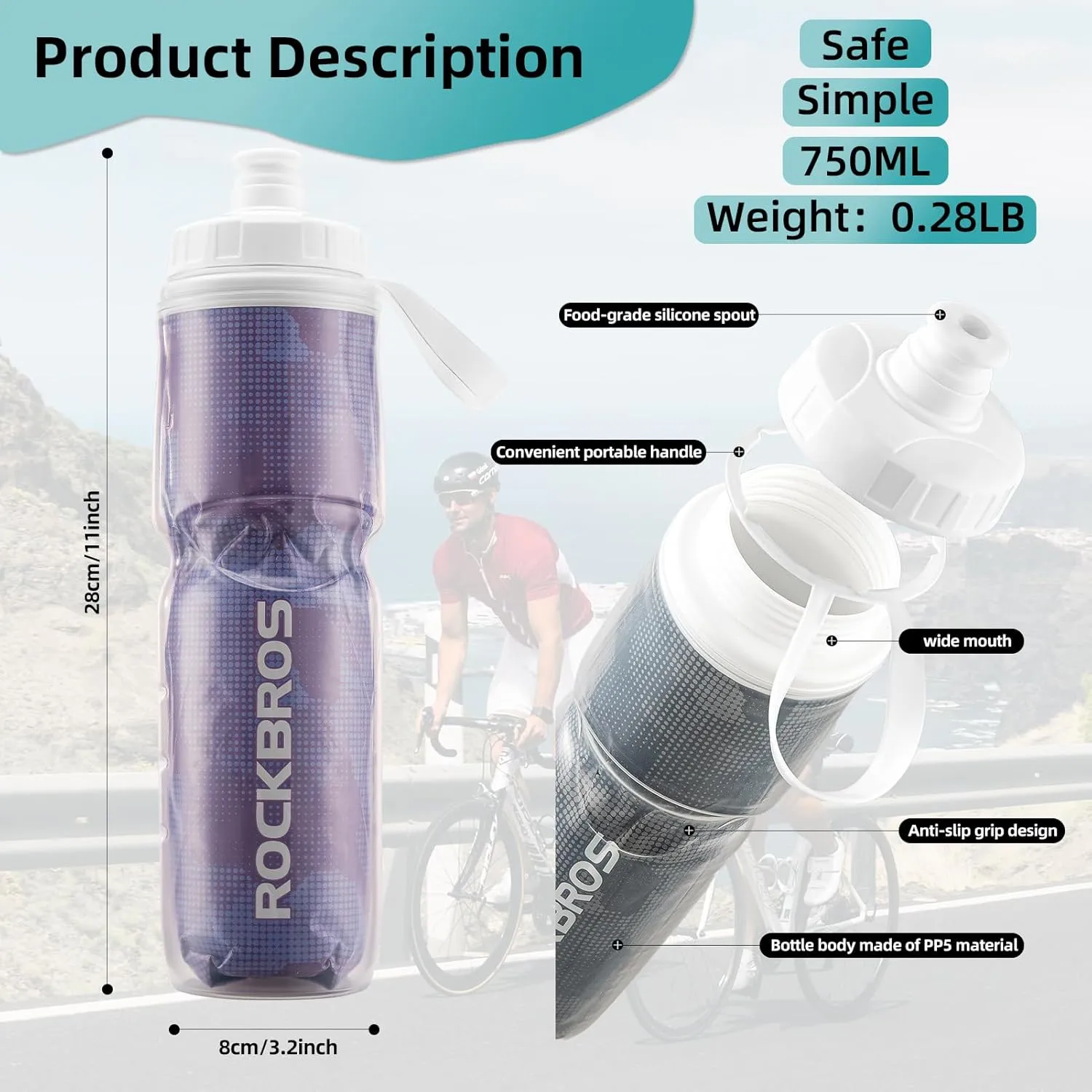 ROCKBROS 24OZ Insulated Bike Water Bottles Keep Water Cool, Leak-Proof Cycling Water Bottle with Handle, Bicycle Water Bottle Easy to Squeeze