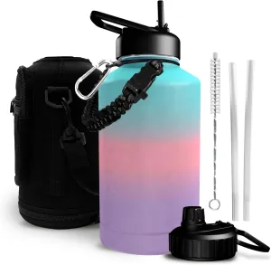 Rogashop 64 oz (Half Gallon) Gallon Water Bottle - Triple Walled Insulated Water Bottle Leak Proof Stainless Steel Water Bottles Water Bottle with Straw & Paracord Handle (Gradient - Multicolor)