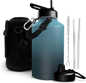 Rogashop 64 oz (Half Gallon) Gallon Water Bottle - Triple Walled Insulated Water Bottle Leak Proof Stainless Steel Water Bottles with Straw & Paracord Handle (Gradient - Blue and Black)