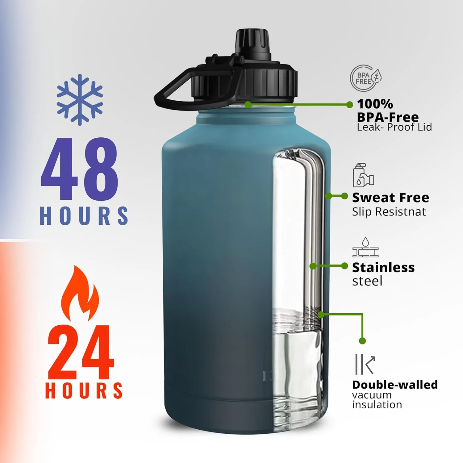 Rogashop 64 oz (Half Gallon) Gallon Water Bottle - Triple Walled Insulated Water Bottle Leak Proof Stainless Steel Water Bottles with Straw & Paracord Handle (Gradient - Blue and Black)