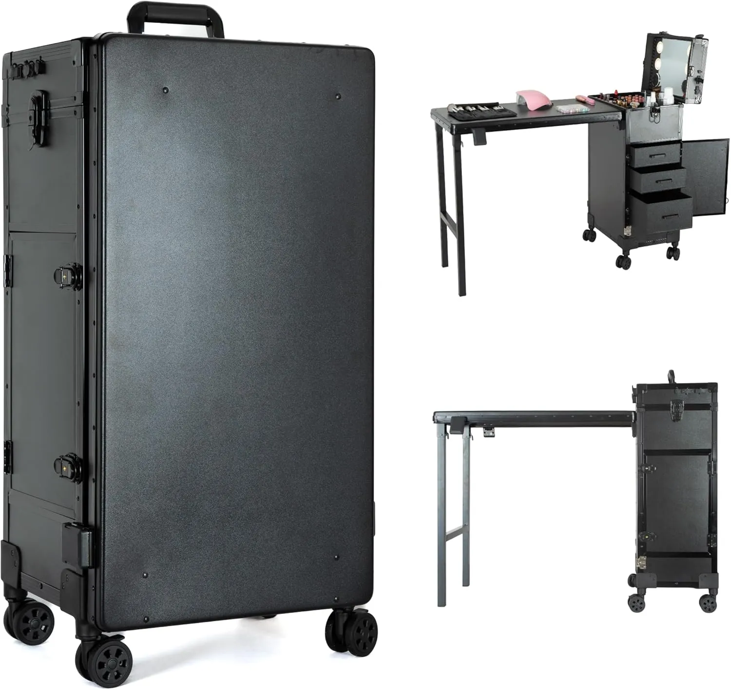 Rolling Makeup Train Case Large Storage Cosmetic Trolley with Collapsible Nail Table Nail Makeup Organizer with LED Mirror 4 Drawer TSA Lock (Black)