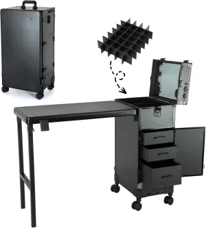 Rolling Makeup Train Case Large Storage Cosmetic Trolley with Collapsible Nail Table Nail Makeup Organizer with LED Mirror 4 Drawer TSA Lock (Black)