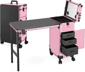 Rolling Manicure Table Foldable Nail Desk 4 Drawers, Makeup Organizer Blueteeth Speaker on Wheels, Travel Makeup Case with LED Mirror TSA Lock for Technician Workstation Salon
