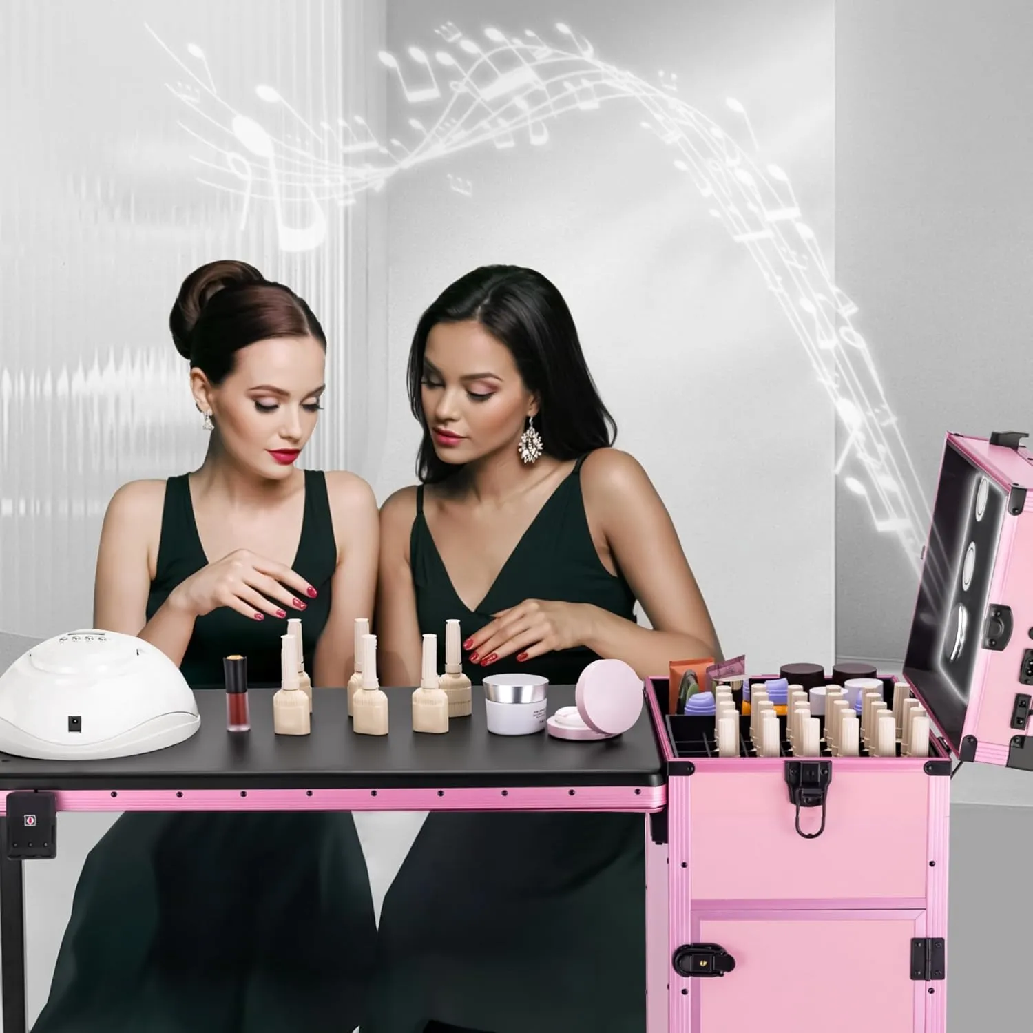 Rolling Manicure Table Foldable Nail Desk 4 Drawers, Makeup Organizer Blueteeth Speaker on Wheels, Travel Makeup Case with LED Mirror TSA Lock for Technician Workstation Salon