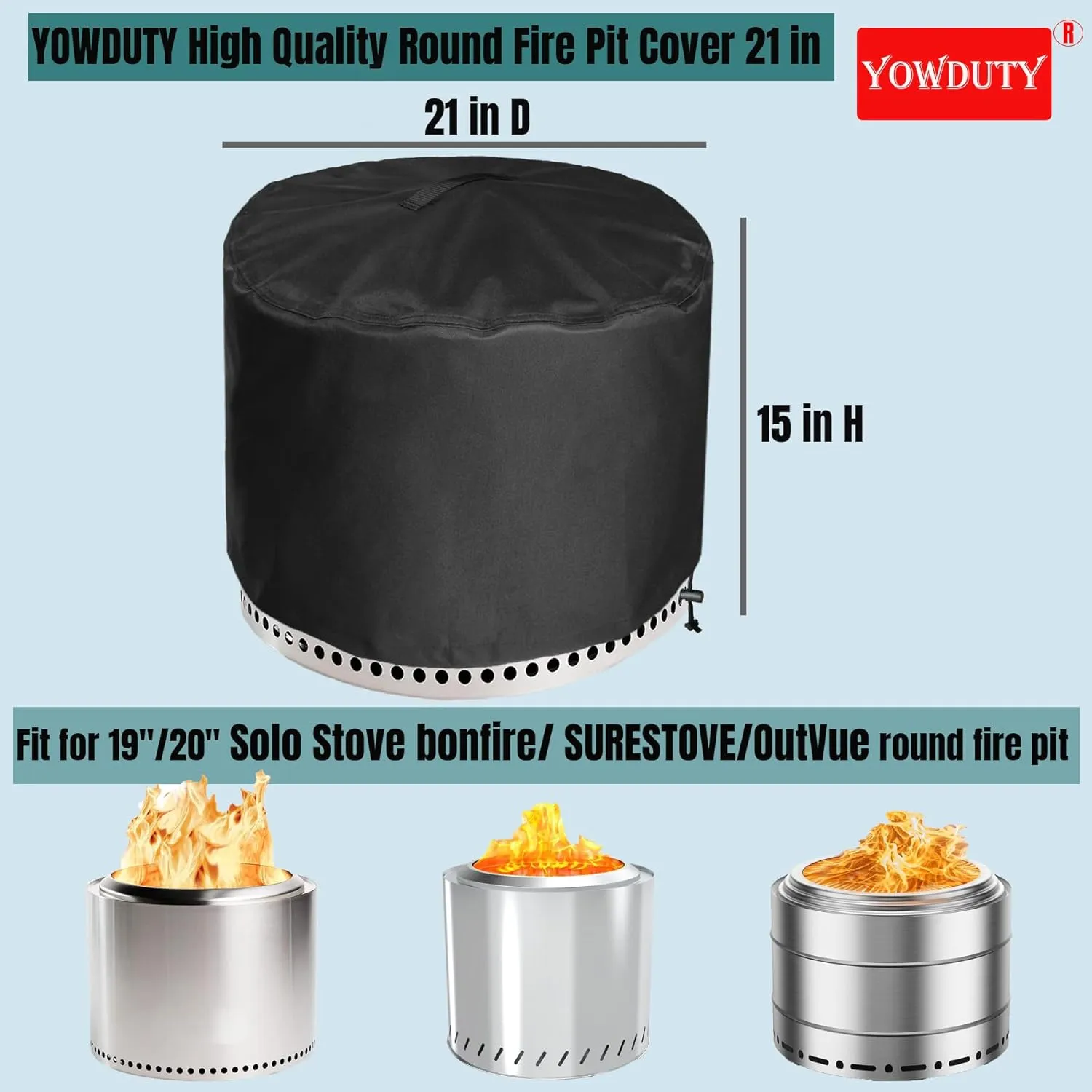 Round Fire Pit Cover for Solo Stove Bonfire 20 Inch, Waterproof Heavy Duty 600D Material Patio Round Firepit Cover 20" for Solo Stove Bonfire Series Firepit, 21" D x 15" H