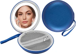 Round LED Makeup Mirror with Touch Control & Compact Storage – Waterproof, Rechargeable, Dual Light Modes, Portable Case with Lanyard (Blue)