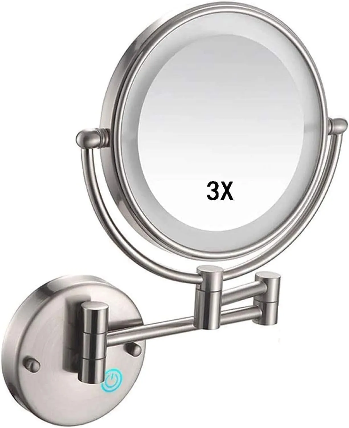 Round Wall-Mounted Makeup Mirror with 3X Magnification, 360° Rotation, 42 LED Lights, USB Rechargeable, Nickel Brushed Finish(Nickel Brushed)