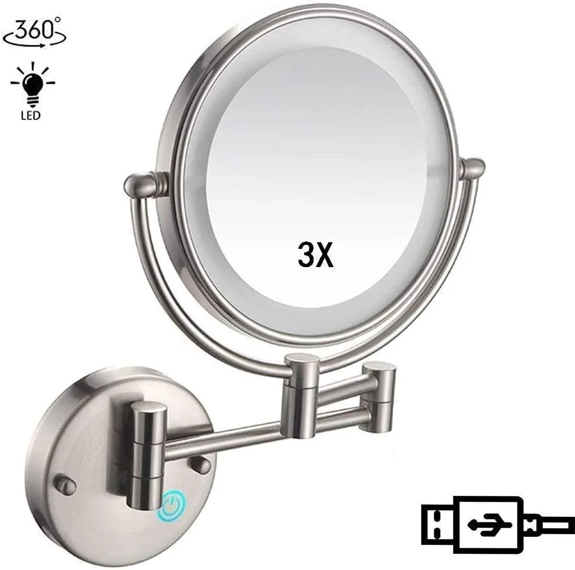 Round Wall-Mounted Makeup Mirror with 3X Magnification, 360° Rotation, 42 LED Lights, USB Rechargeable, Nickel Brushed Finish(Nickel Brushed)