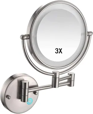Round Wall-Mounted Makeup Mirror with 3X Magnification, 360° Rotation, 42 LED Lights, USB Rechargeable, Nickel Brushed Finish(Nickel Brushed)