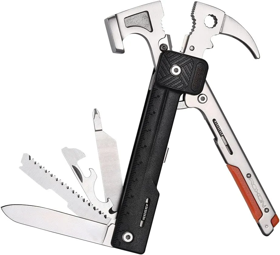 ROXON 16 in 1 Tools Camping Hammer Multitool with flint stone, replaceable cutter, Best Camping Accessories with plier, knife, bottle opener, saw, ruler,