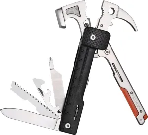 ROXON 16 in 1 Tools Camping Hammer Multitool with flint stone, replaceable cutter, Best Camping Accessories with plier, knife, bottle opener, saw, ruler,