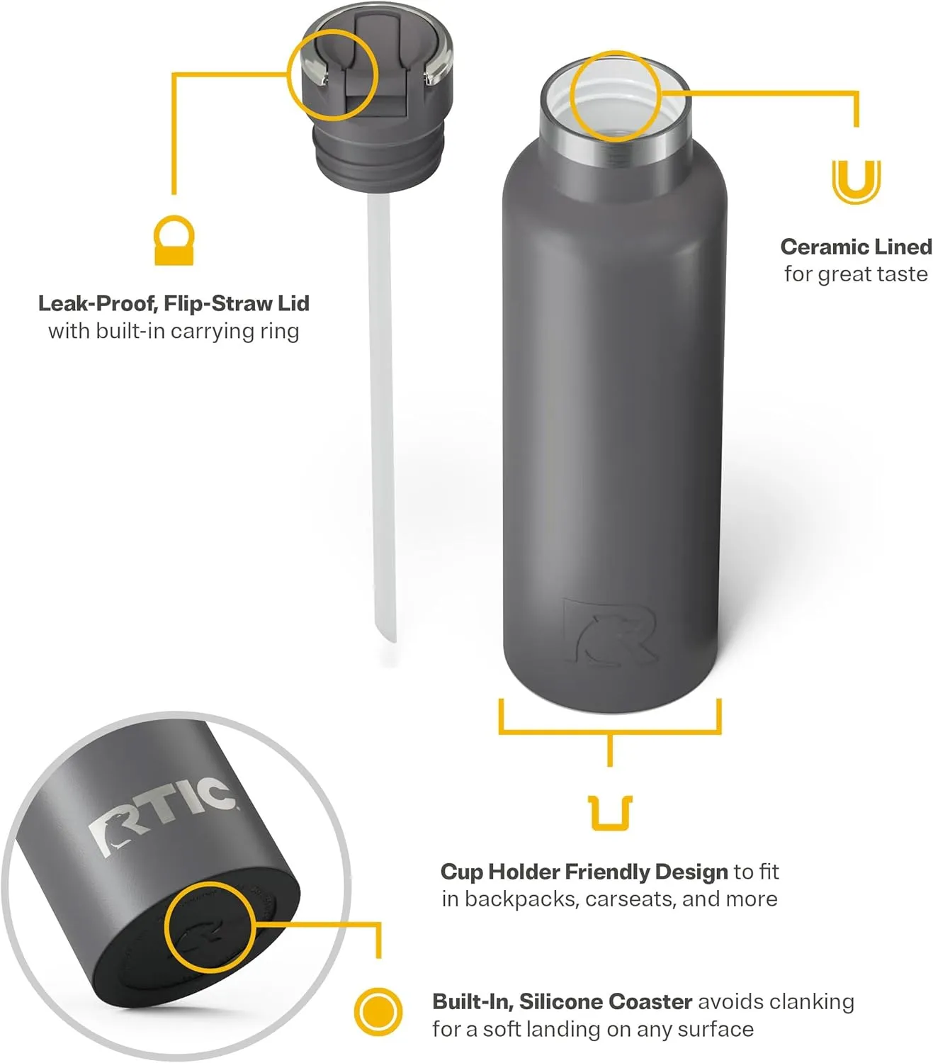 RTIC 20oz Journey Bottle Metal Stainless Steel Vacuum Insulated, BPA Free, Reusable, for Water, Hot and Cold Drinks, Travel, Sports, Camping, Graphite