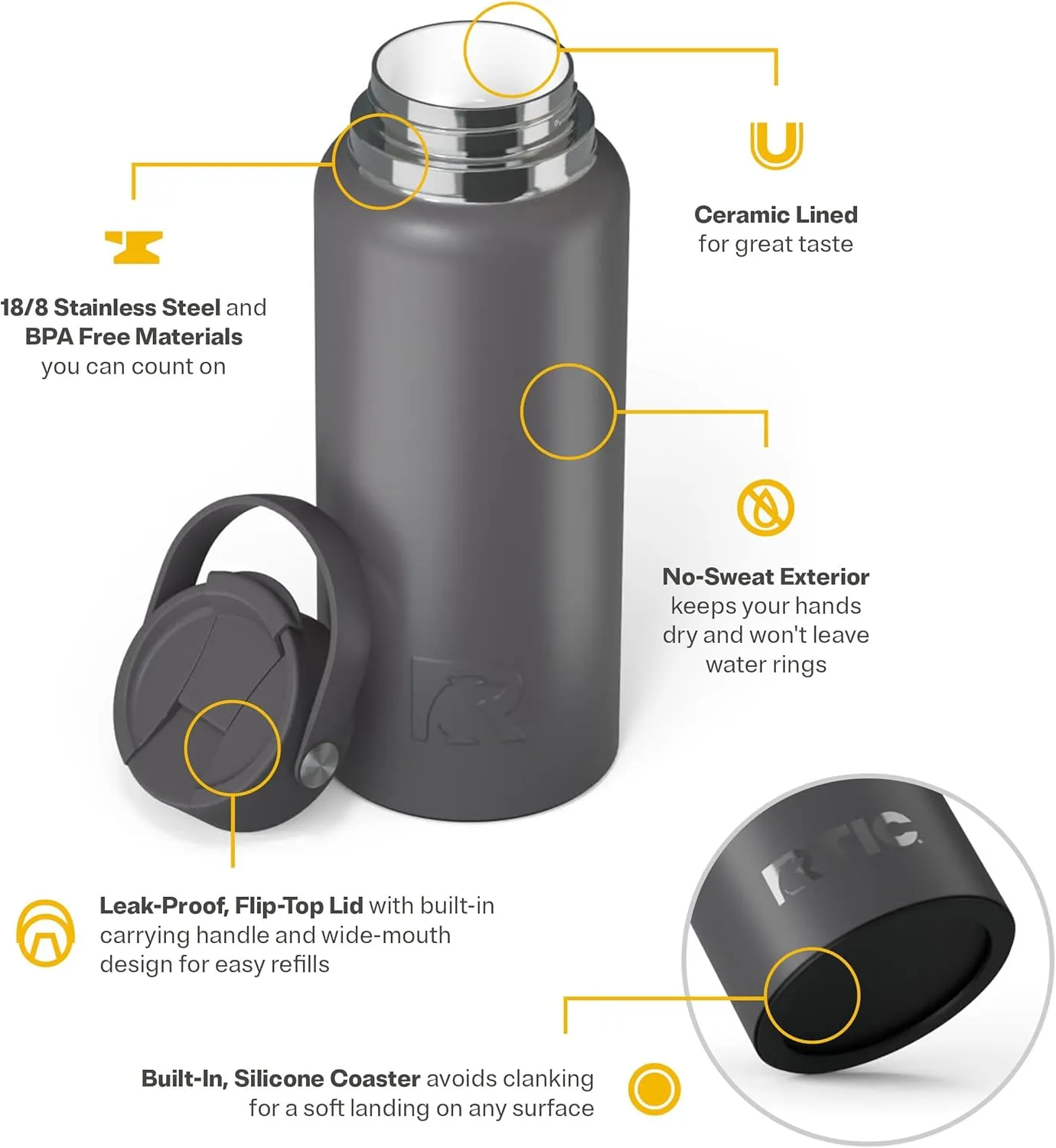 RTIC 32 oz Ceramic Lined Insulated Outback Bottle, Leak Resistant, Graphite