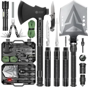Sahara Sailor Folding Camping Shovel Axe Kit Military Grade, Multifunctional Survival Tactical Shovel with Paracord, Dual Color Flashlight, Whetstone, Emergency Gear for Camping