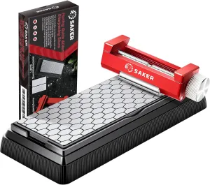 Saker Honing Guide with Whetstone - Red Off-Center Upgraded Honing Tool and Diamond Sharpening Stone Set Kit for Knife, Short Chisels and Planes, Fine/Coarse Plate, 400/1000/Grit…