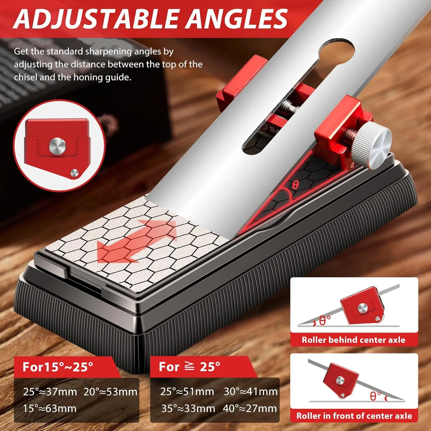 Saker Honing Guide with Whetstone - Red Off-Center Upgraded Honing Tool and Diamond Sharpening Stone Set Kit for Knife, Short Chisels and Planes, Fine/Coarse Plate, 400/1000/Grit…