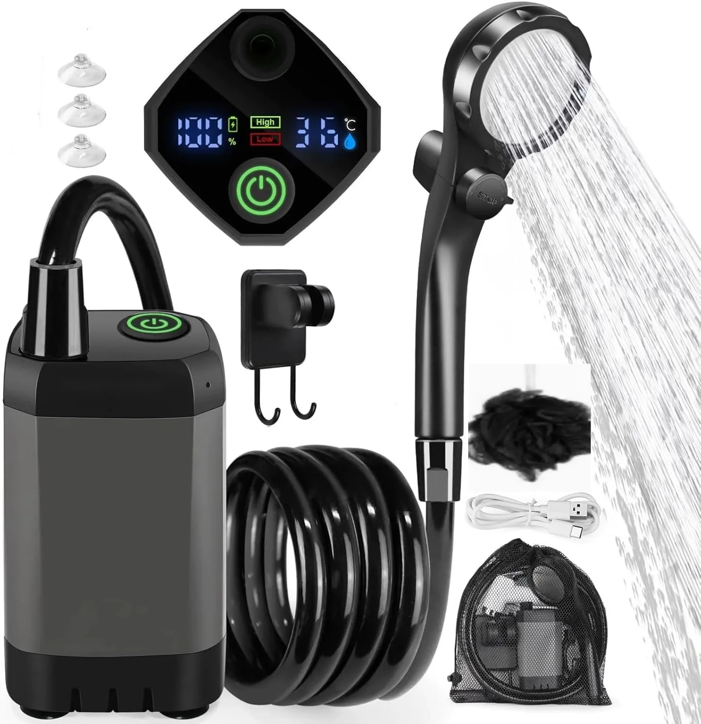 Saker Sakerplus Portable Camping Shower|Outdoor Camp Shower|6000mAh Rechargebale Camping Shower with Heater|LED Display&USB Cable|Ideal for Vacation,Beach,Hiking,Pet Cleaning,Travel