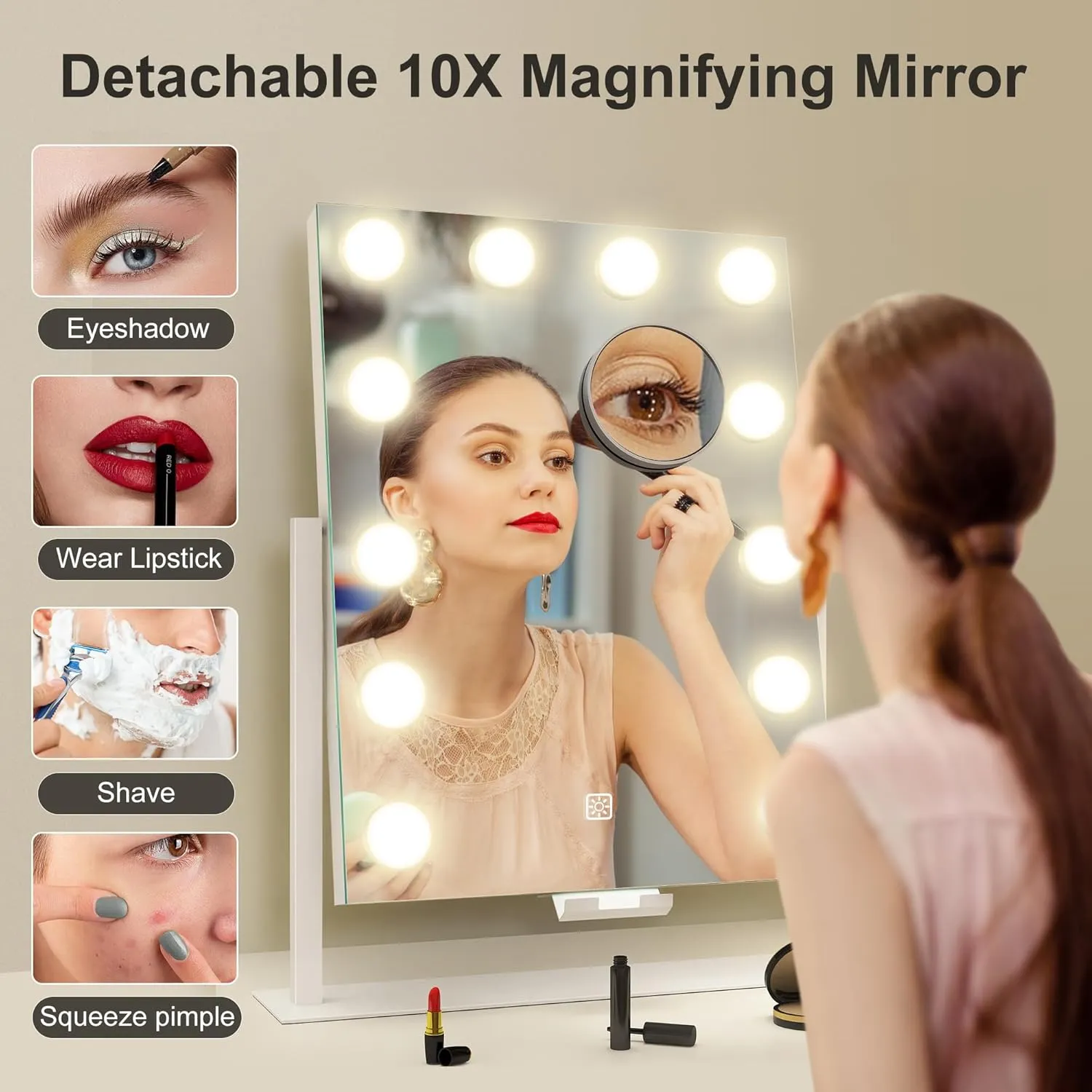 S'bagno Vanity Mirror with Lights, 12 Dimmable LED Bulbs, Detachable 10X Magnifying Mirror, Touch Control, USB Rechargeable, Tabletop Hollywood Lighted Makeup Mirror for Dressing Table,16''x12''