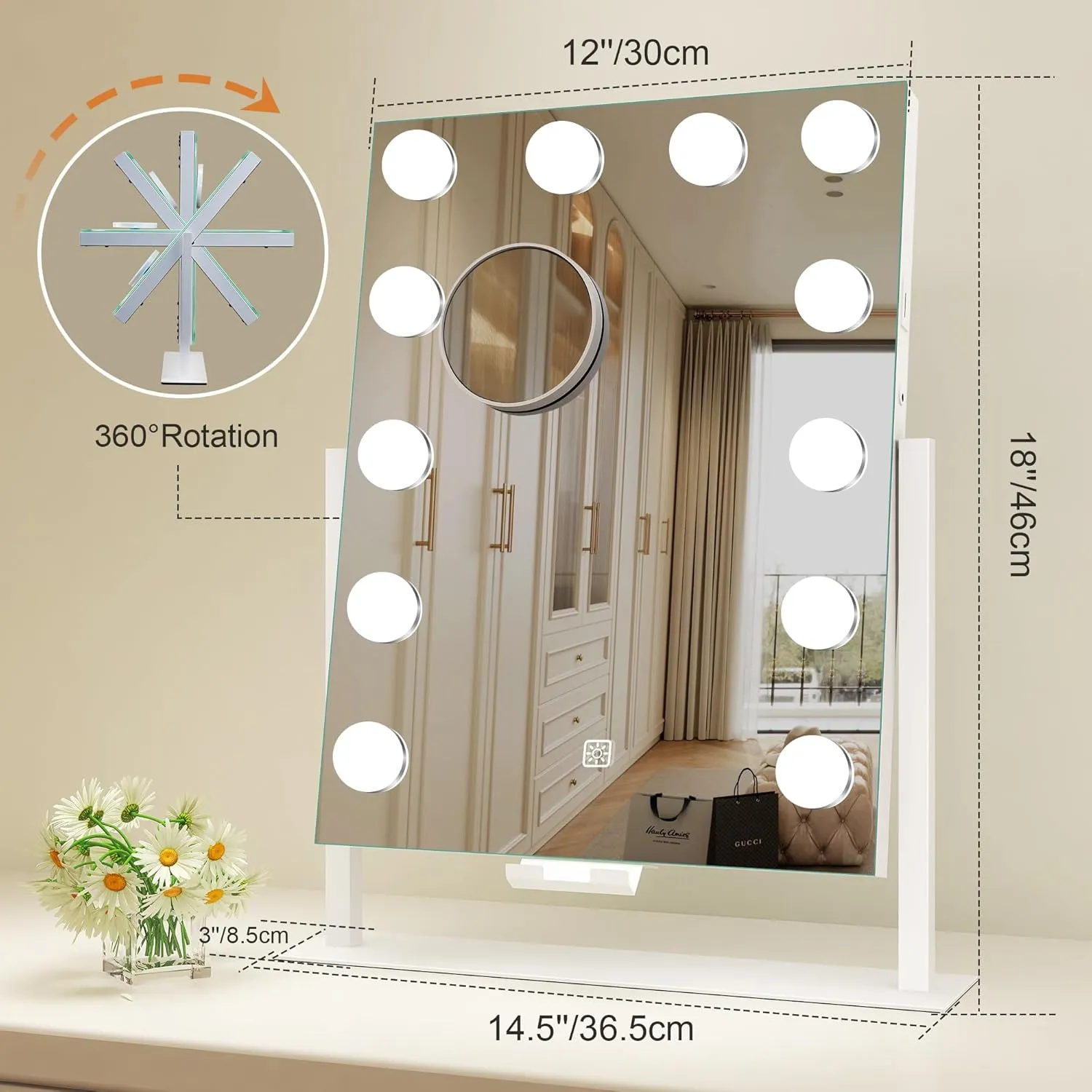 S'bagno Vanity Mirror with Lights, 12 Dimmable LED Bulbs, Detachable 10X Magnifying Mirror, Touch Control, USB Rechargeable, Tabletop Hollywood Lighted Makeup Mirror for Dressing Table,16''x12''