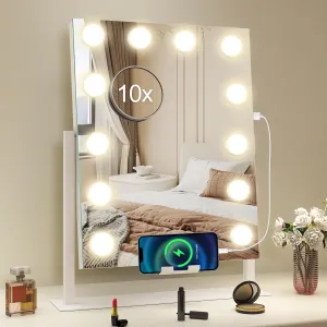 S'bagno Vanity Mirror with Lights, 12 Dimmable LED Bulbs, Detachable 10X Magnifying Mirror, Touch Control, USB Rechargeable, Tabletop Hollywood Lighted Makeup Mirror for Dressing Table,16''x12''