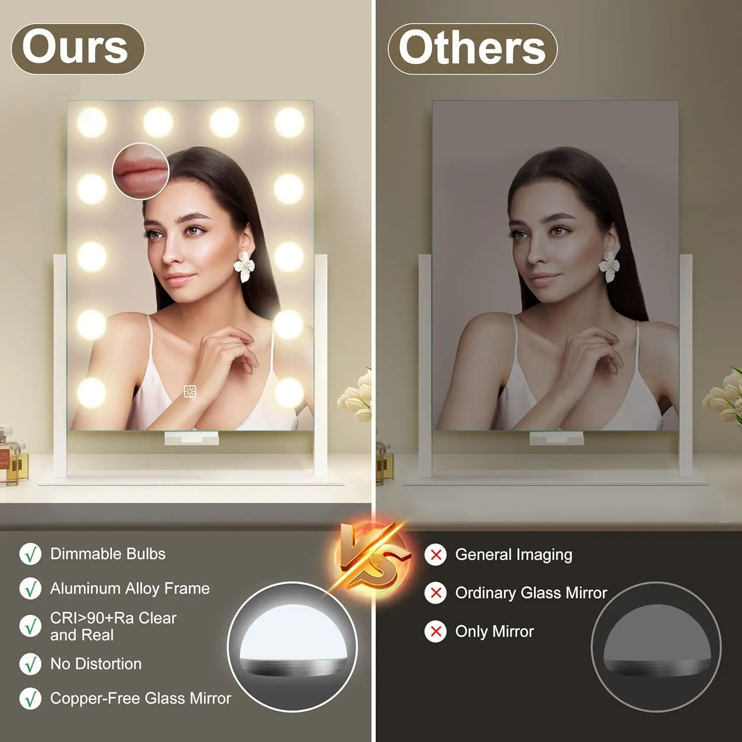S'bagno Vanity Mirror with Lights, 12 Dimmable LED Bulbs, Detachable 10X Magnifying Mirror, Touch Control, USB Rechargeable, Tabletop Hollywood Lighted Makeup Mirror for Dressing Table,16''x12''