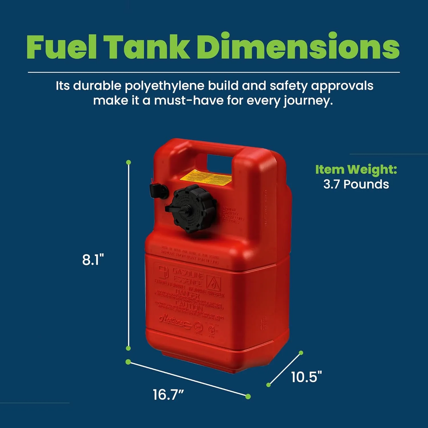 Scepter 3 Gallon Portable Marine Gas Can, Boat Fuel Tank, 2-Way Vented Cap, Built-In Fuel Line Pick-Up, Top Handle, EPA & CARB Compliant, Neptune Series, 17.25"L x 11"W x 8.5"H (08590)