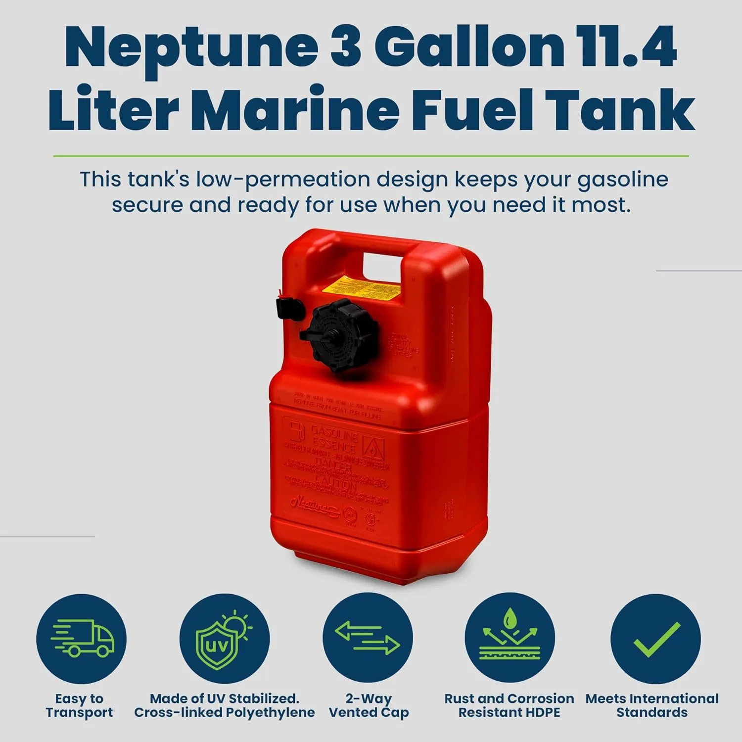 Scepter 3 Gallon Portable Marine Gas Can, Boat Fuel Tank, 2-Way Vented Cap, Built-In Fuel Line Pick-Up, Top Handle, EPA & CARB Compliant, Neptune Series, 17.25"L x 11"W x 8.5"H (08590)