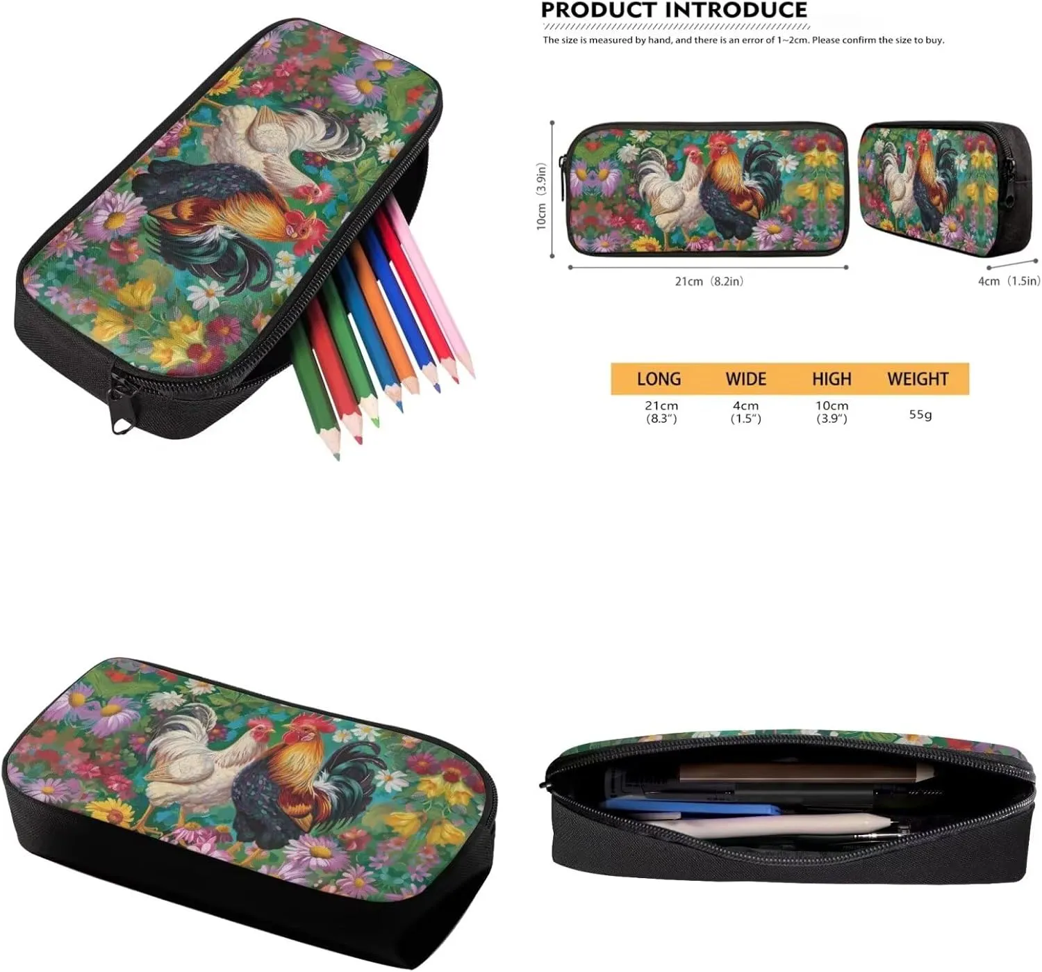 School Bag for Girls Chicken Couple Bookbag for School Daisy Floral Backpack with Shoulder Straps Portable Lunch Bag with Handle Novelty Pencil Case Trendy Water Bottle Holder
