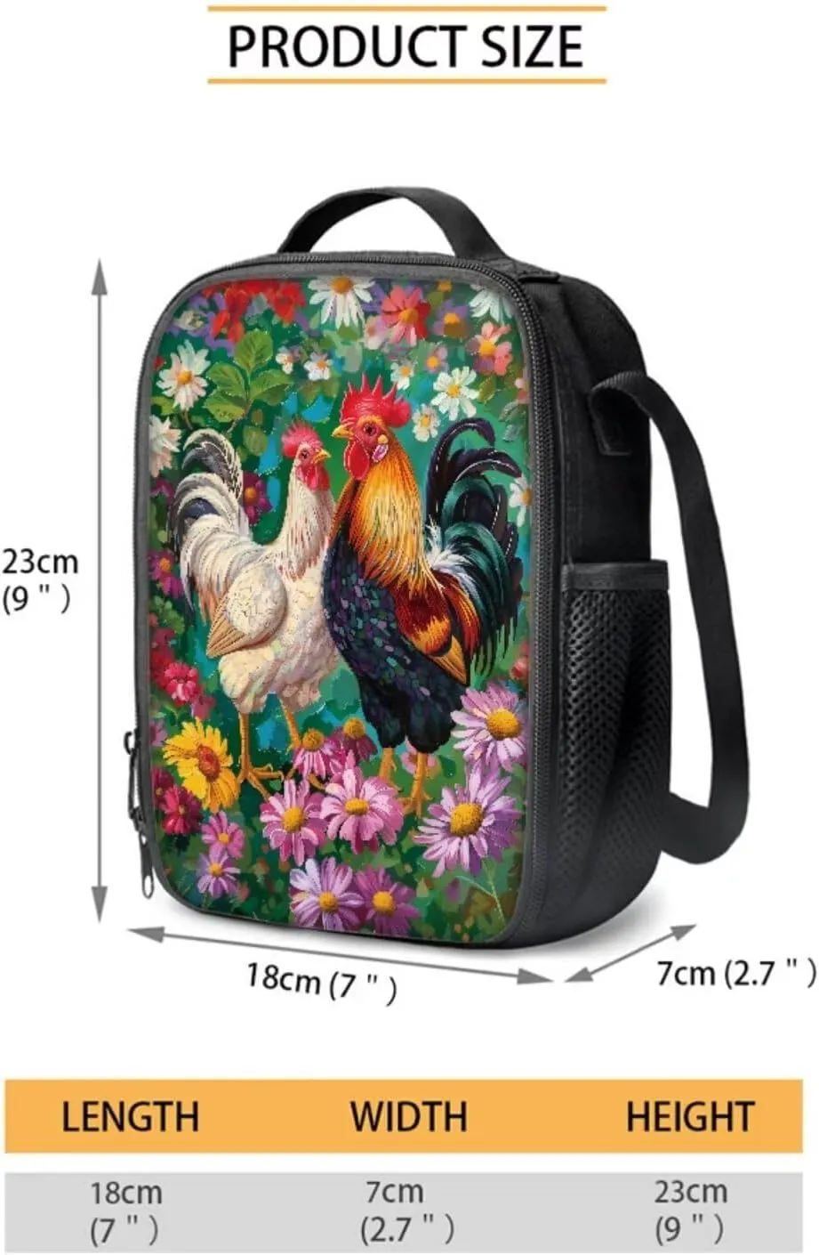 School Bag for Girls Chicken Couple Bookbag for School Daisy Floral Backpack with Shoulder Straps Portable Lunch Bag with Handle Novelty Pencil Case Trendy Water Bottle Holder
