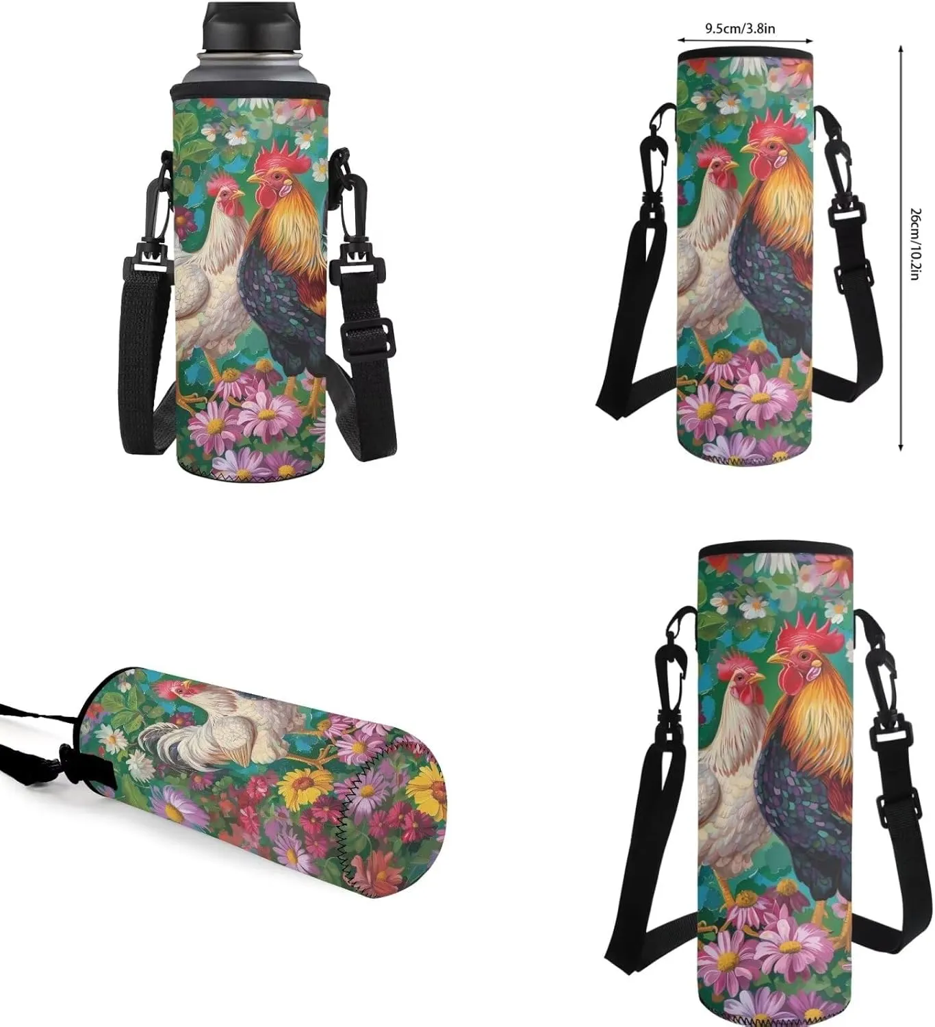 School Bag for Girls Chicken Couple Bookbag for School Daisy Floral Backpack with Shoulder Straps Portable Lunch Bag with Handle Novelty Pencil Case Trendy Water Bottle Holder