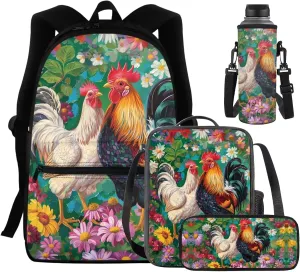 School Bag for Girls Chicken Couple Bookbag for School Daisy Floral Backpack with Shoulder Straps Portable Lunch Bag with Handle Novelty Pencil Case Trendy Water Bottle Holder