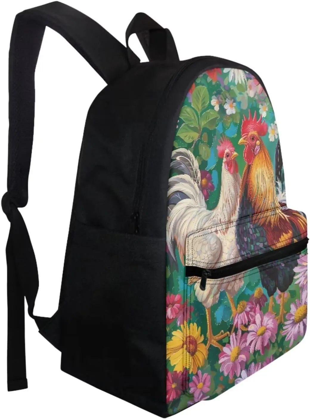 School Bag for Girls Chicken Couple Bookbag for School Daisy Floral Backpack with Shoulder Straps Portable Lunch Bag with Handle Novelty Pencil Case Trendy Water Bottle Holder