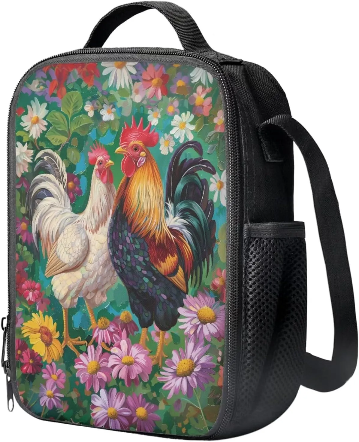 School Bag for Girls Chicken Couple Bookbag for School Daisy Floral Backpack with Shoulder Straps Portable Lunch Bag with Handle Novelty Pencil Case Trendy Water Bottle Holder
