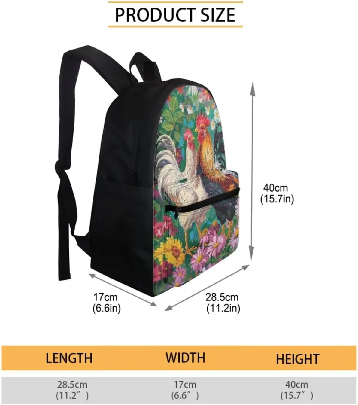 School Bag for Girls Chicken Couple Bookbag for School Daisy Floral Backpack with Shoulder Straps Portable Lunch Bag with Handle Novelty Pencil Case Trendy Water Bottle Holder