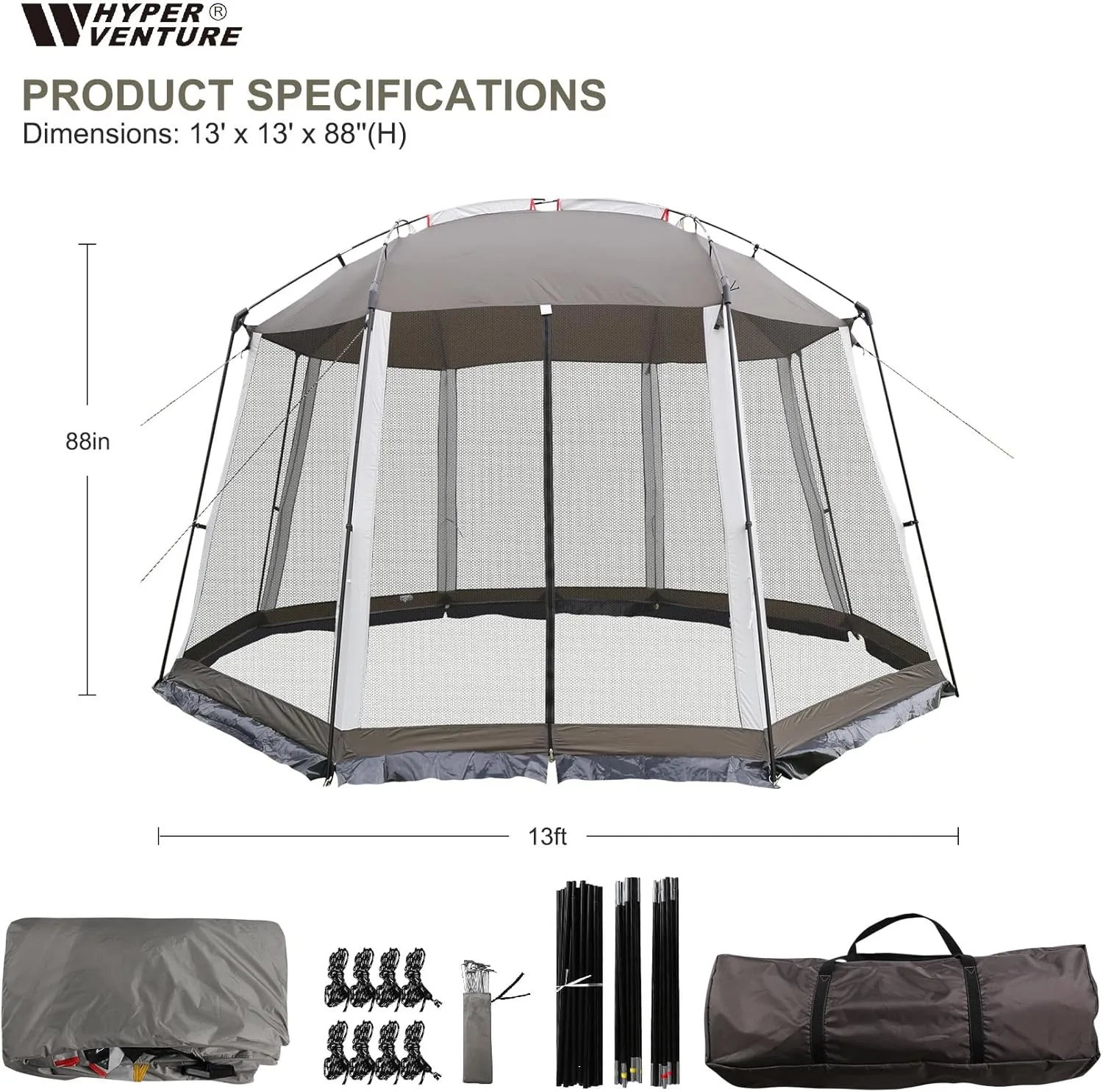 Screen House 13x13 Feet Octagonal Mesh Canopy Camping Gazebo Shelter Tent for 8-10 People Outdoor Party Activities, Grey