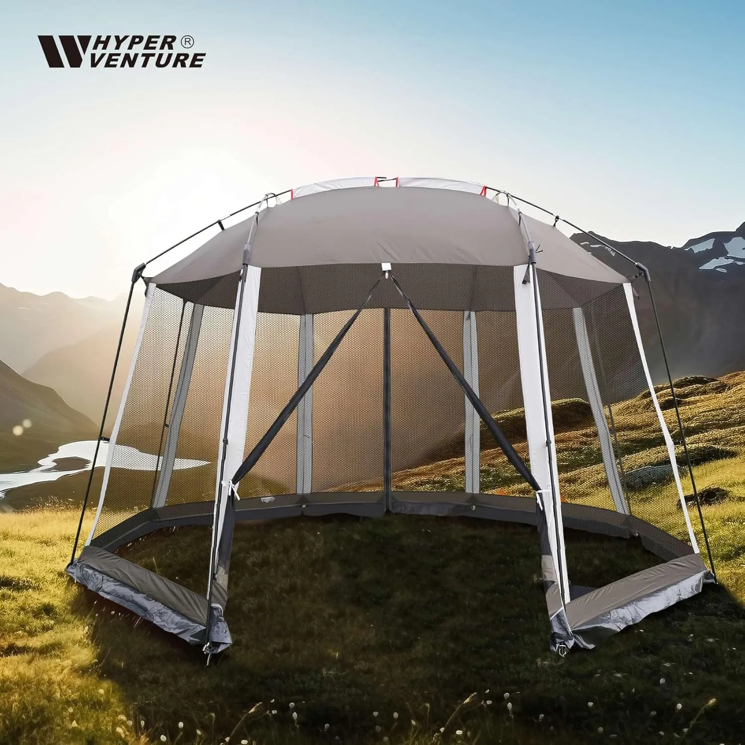 Screen House 13x13 Feet Octagonal Mesh Canopy Camping Gazebo Shelter Tent for 8-10 People Outdoor Party Activities, Grey