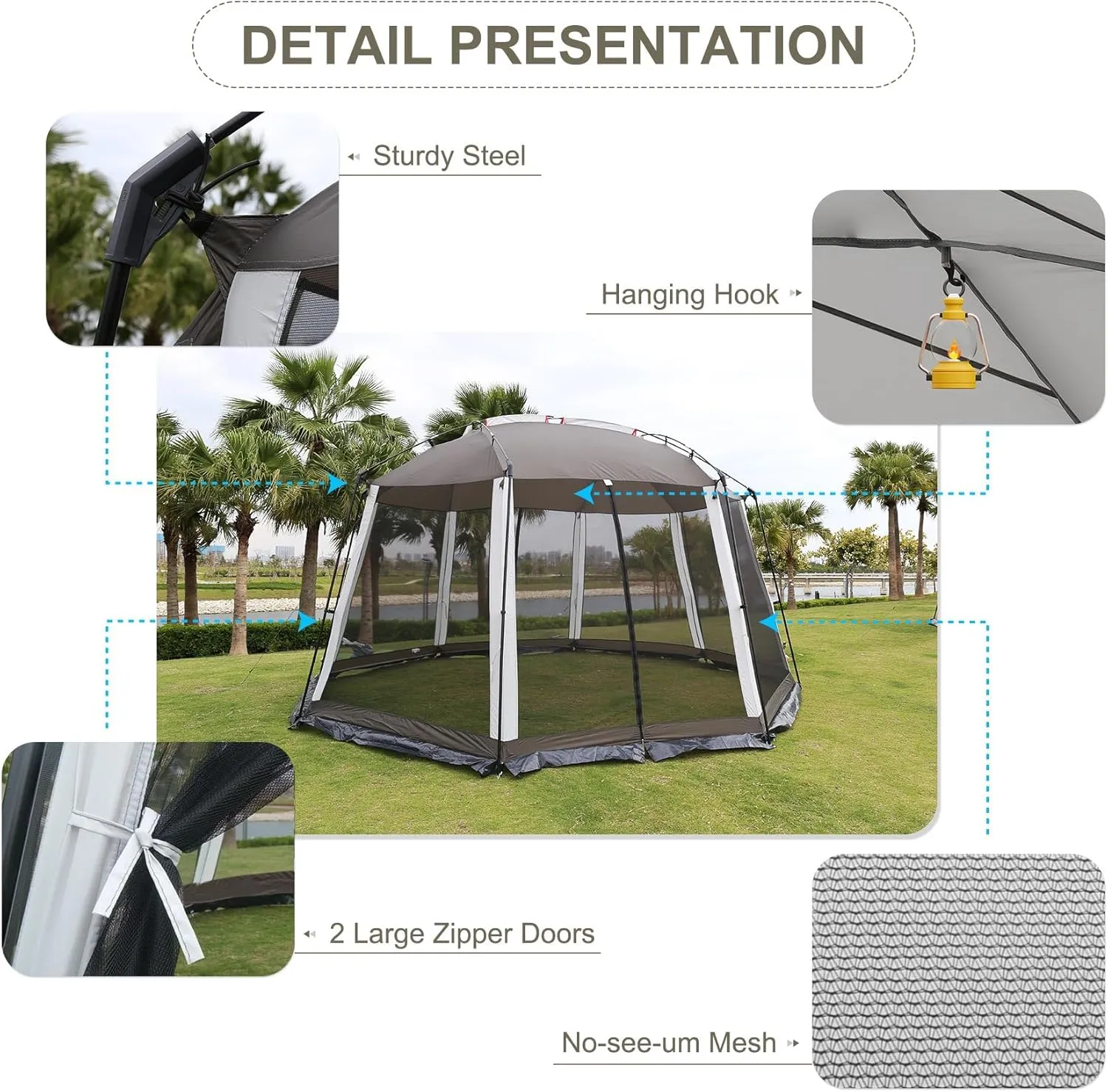 Screen House 13x13 Feet Octagonal Mesh Canopy Camping Gazebo Shelter Tent for 8-10 People Outdoor Party Activities, Grey