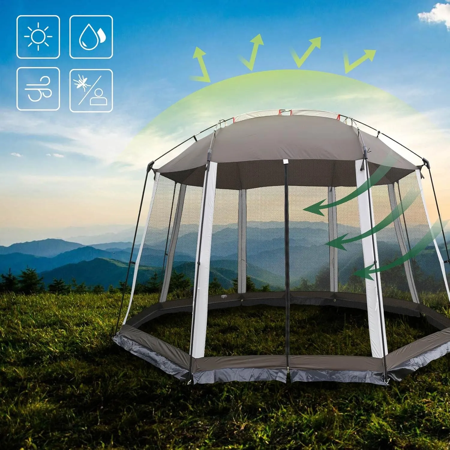 Screen House 13x13 Feet Octagonal Mesh Canopy Camping Gazebo Shelter Tent for 8-10 People Outdoor Party Activities, Grey