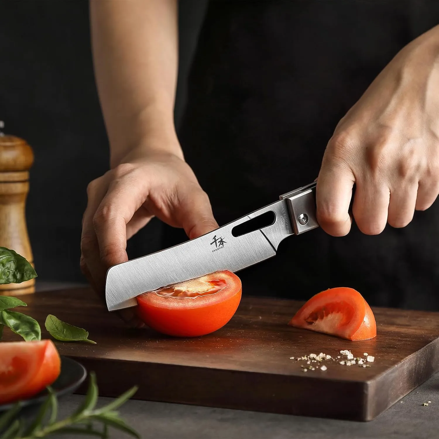 SENBON 440 Stainless Steel Sharp Pocket Folding Chef Fruit Knife Peeling Carbon Fiber Handle Camping Barbecue Outdoor Kitchen Knife with Back Clip