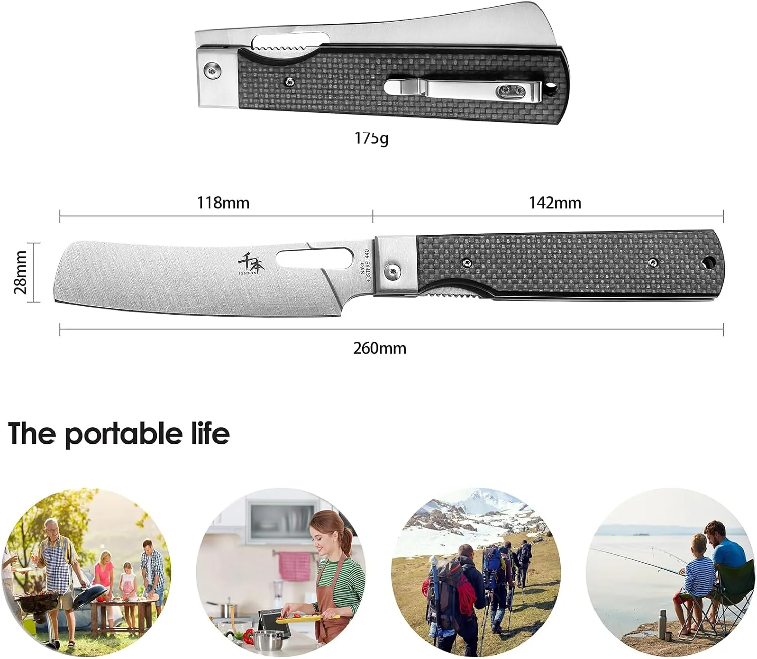 SENBON 440 Stainless Steel Sharp Pocket Folding Chef Fruit Knife Peeling Carbon Fiber Handle Camping Barbecue Outdoor Kitchen Knife with Back Clip